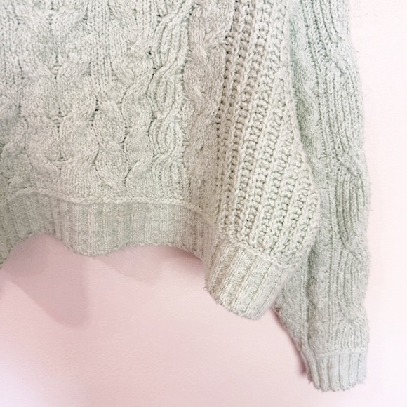 Free People Chunky Knit Oversized Crop Sweater Pullover Mint Green Large Cable - Picture 2 of 7